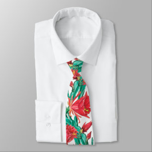 Green Red Blooming Cactus Pattern  Tie