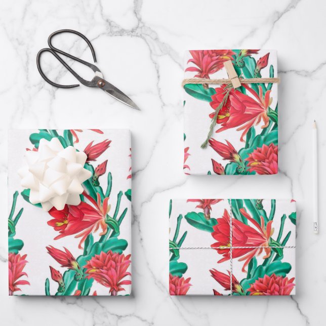 Green Red Blooming Cactus Pattern Wrapping Paper Sheet (Front)