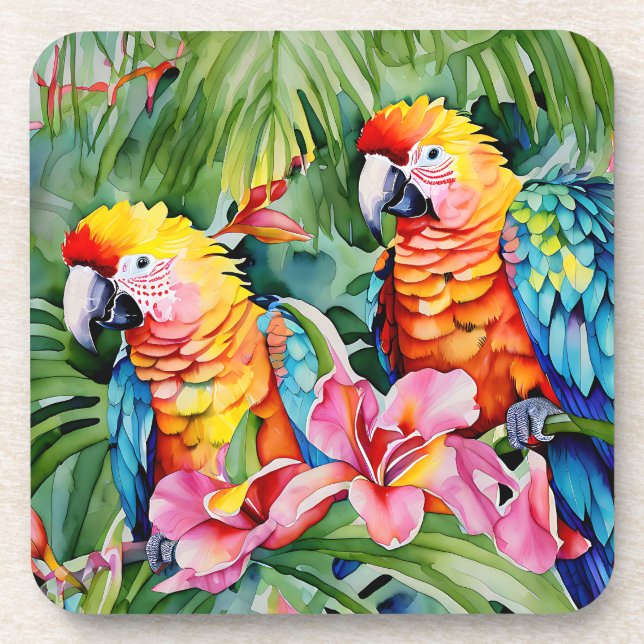 Green, Red, Blue Parrots and Tropical Flowers Coaster (Front)