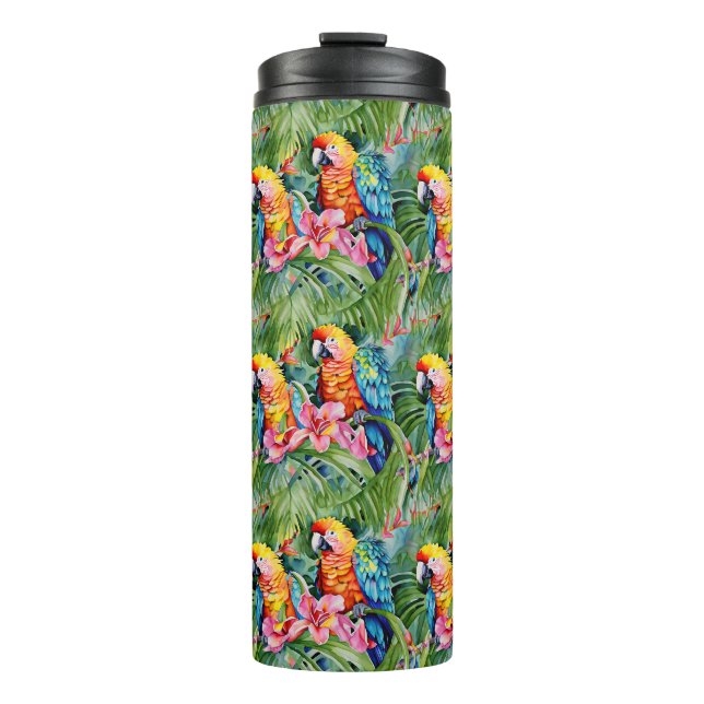 Green, Red, Blue Parrots and Tropical Flowers Thermal Tumbler (Front)
