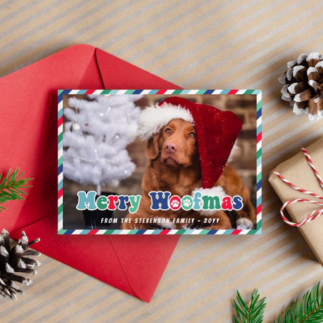 Green Red Blue Retro Merry Woofmas Dog Christmas Holiday Card (Creator Uploaded)