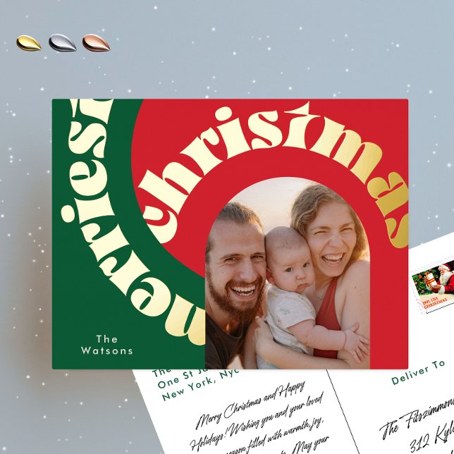 green red bold christmas gold oval one photo foil holiday postcard (Creator Uploaded)