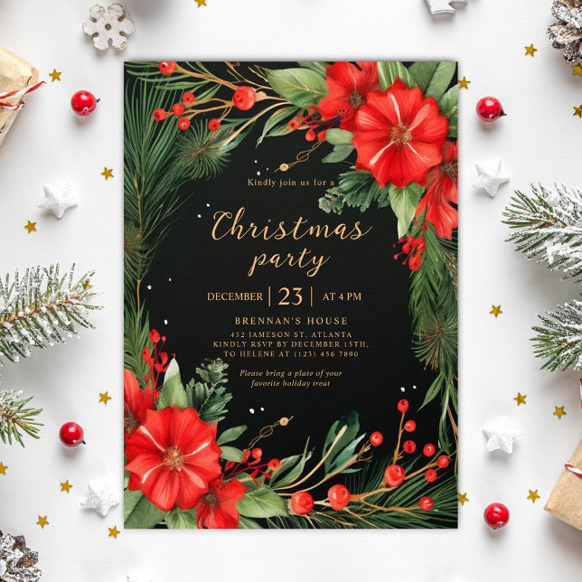 Green Red Botanical Holiday Christmas Party Invitation (Green Red Botanical Holiday Christmas Party Invitation)