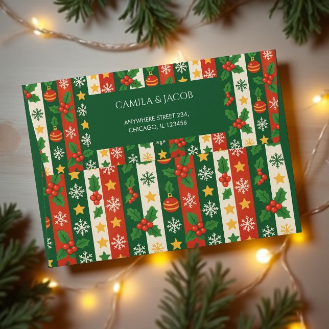 Green Red Botanical Stripes Holiday  Envelope (Creator Uploaded)