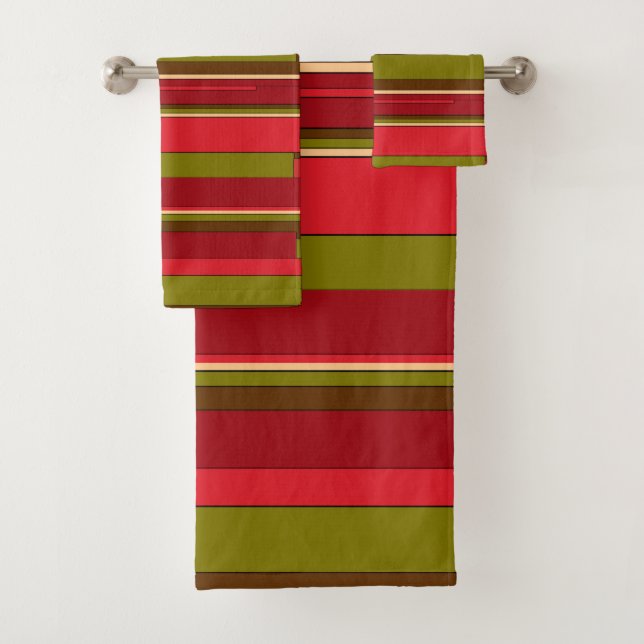 Green Red Brown Tan Stripes Pattern Bath Towels (Insitu)