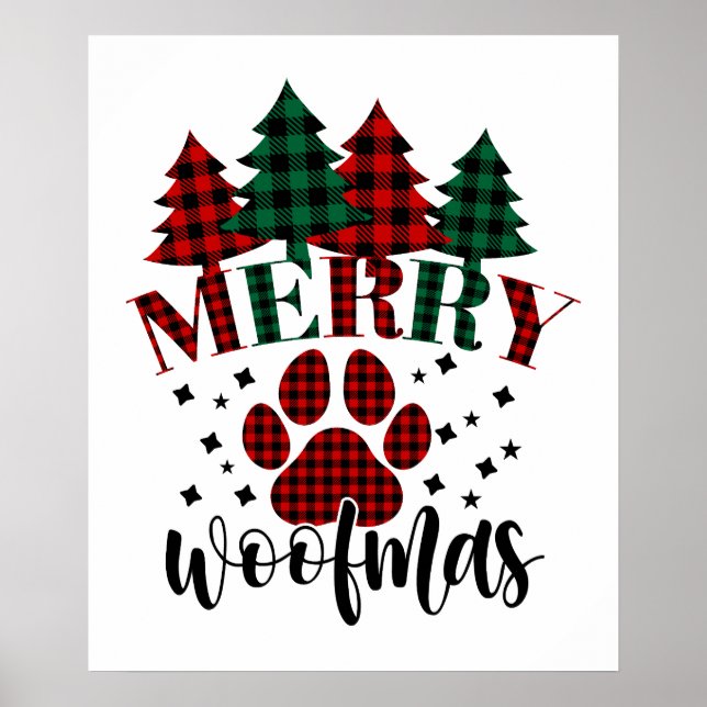 Green Red Buffalo Plaid Christmas Tree And Paw Poster (Front)