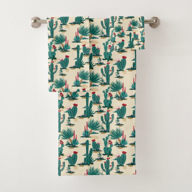 Green & Red Cactus Pattern Bath Towel Set (Insitu)