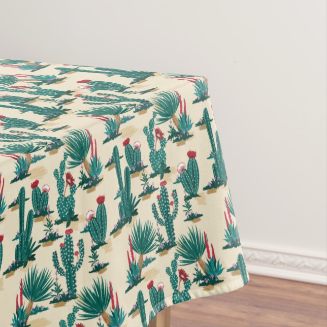 Green & Red Cactus Pattern Tablecloth (In Situ)