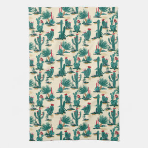 Green & Red Cactus Pattern Tea Towel