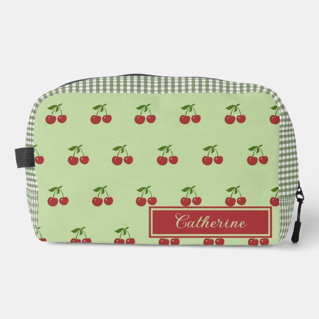 Green & Red Cherry Gingham Pattern Simple Fruit Dopp Kit (Front)