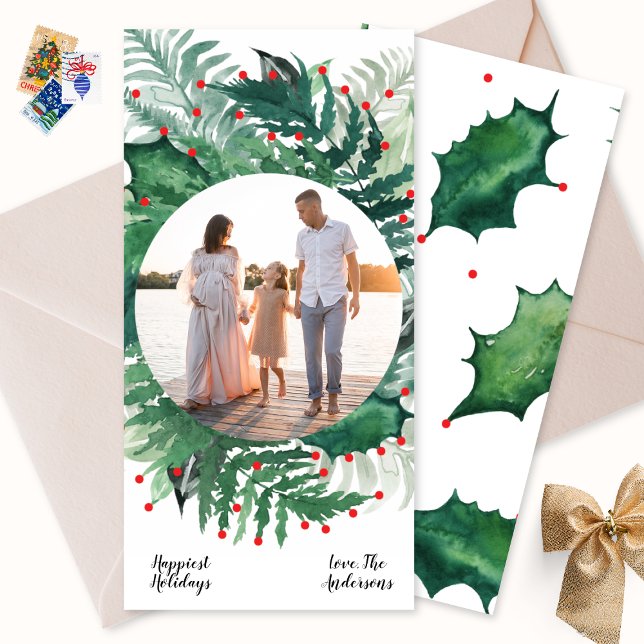 Green Red Christmas Botanical Wreath Photo long Holiday Card (Creator Uploaded)