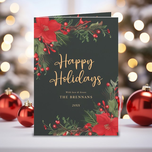 Green Red Christmas Elegant Botanical Greenery Holiday Card (Green Red Christmas Elegant Botanical Greenery Holiday Card)