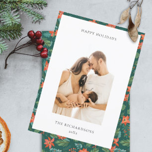 Green Red Christmas Floral Pattern Photo Happy Holiday Card