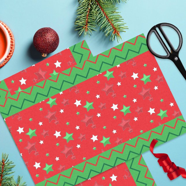 Green Red Christmas Shiny Stars And Zigzag Stripes Tissue Paper (Creator Uploaded)