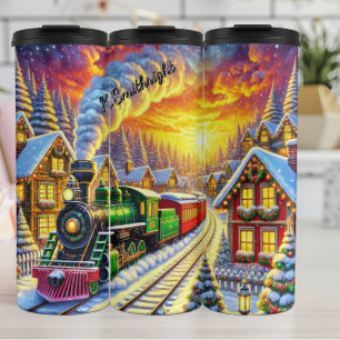 Green Red Christmas Train Village Sunset Thermal Tumbler