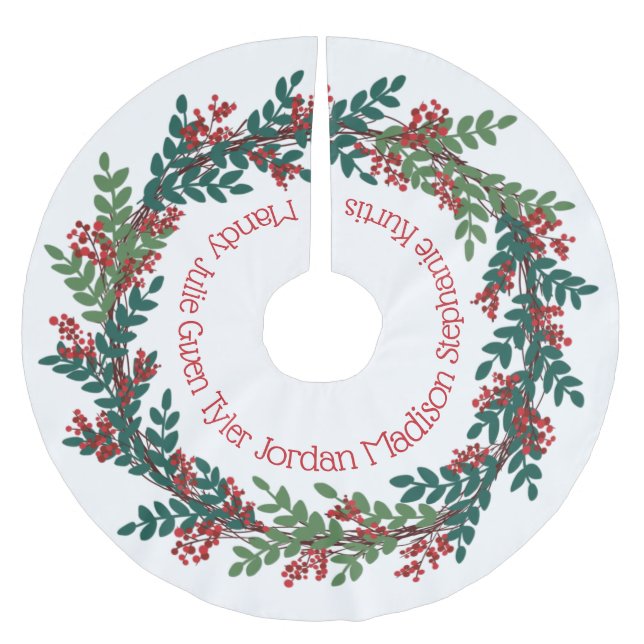 Green Red Christmas Wreath Family Names Brushed Polyester Tree Skirt (Front)