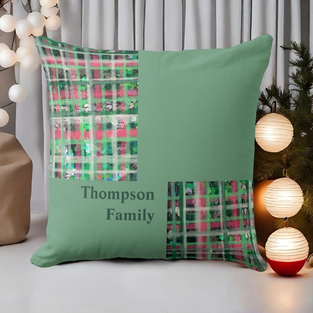 Green red cream tartan script festive glitter  cushion (Creator Uploaded)