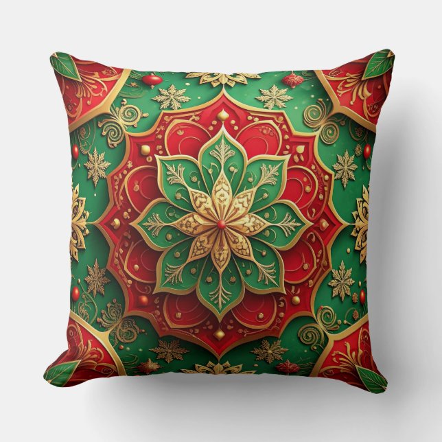 Green Red Decorative Christmas Throw Pillow (Front)