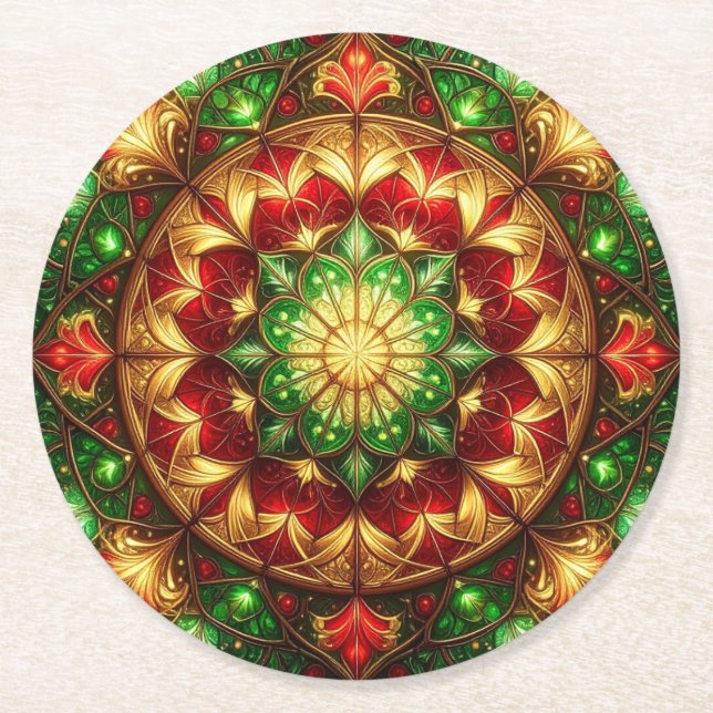 Green Red Decorative Holiday Paper Coaster (Front)