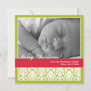 Green red elegant damask merry Christmas holiday Card