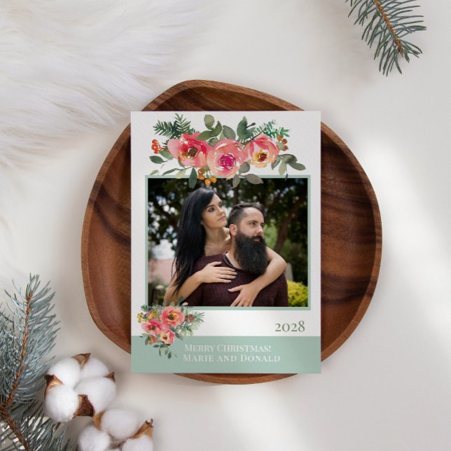 Green Red Floral Add Your Own Photo Christmas Holiday Card (Creator Uploaded)