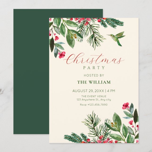 Green red floral christmas invitation (Front/Back)