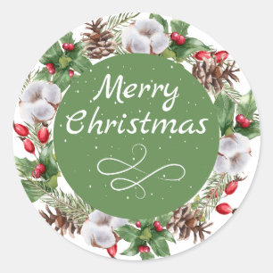 Green Red Floral Merry Christmas  Classic Round Sticker