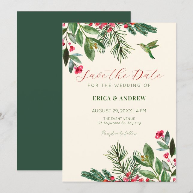 Green red floral wedding save the date (Front/Back)
