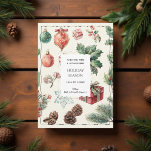 Green Red Floral Whimsical Watercolor Holiday Card