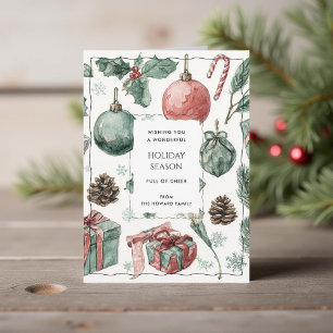 Green Red Floral Whimsical Watercolor Holiday Card