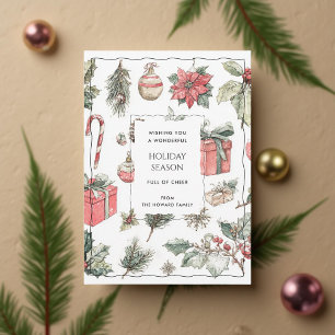 Green Red Floral Whimsical Watercolor Holiday Card