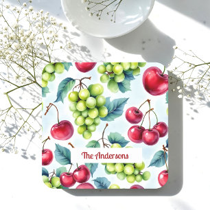Green Red Fruits Grapes Cherry Watercolor Coaster