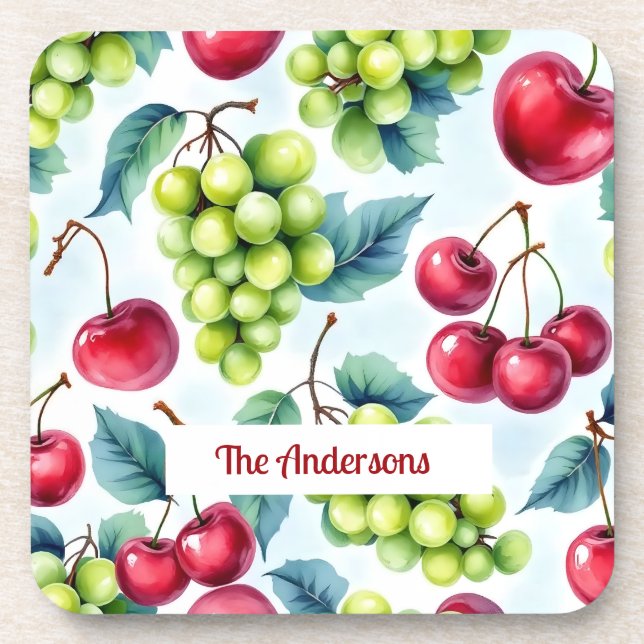 Green Red Fruits Grapes Cherry Watercolor Coaster (Front)