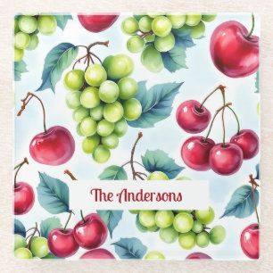 Green Red Fruits Grapes Cherry Watercolor Glass Coaster