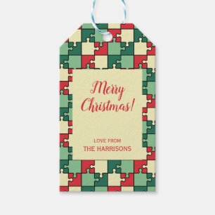 Green Red Geometric Puzzle Pieces Pattern Gift Tags