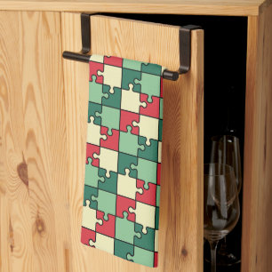 Green Red Geometric Puzzle Pieces Pattern Tea Towel