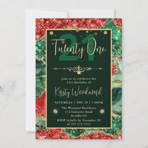 Green & Red Glitter Christmas Agate Birthday Party Invitation