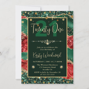 Green & Red Glitter Christmas Agate Birthday Party Invitation