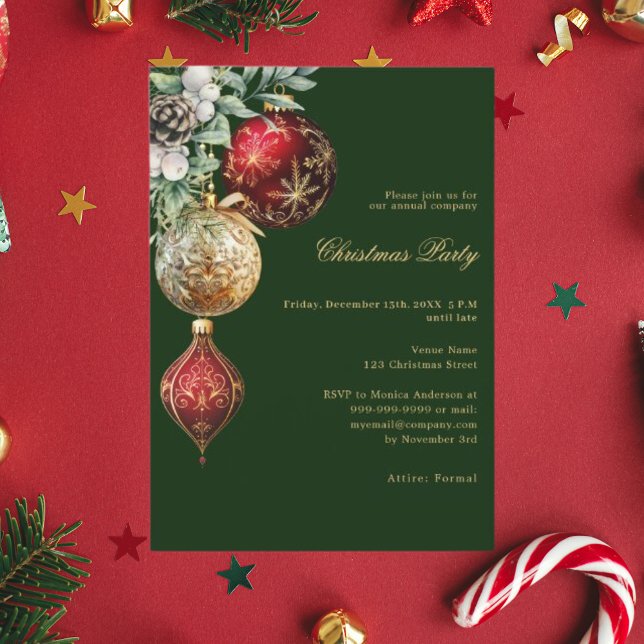 Green red gold baubles business Christmas Party Invitation (Creator Uploaded)
