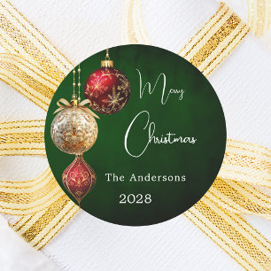 Green red gold baubles classic Christmas Round Sticker