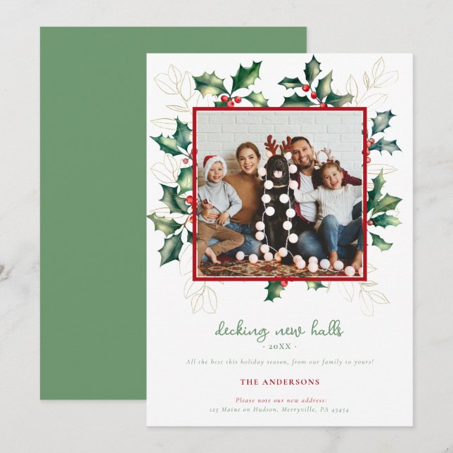 Green Red Gold Christmas Holly New Address Photo Holiday Card (Front/Back)