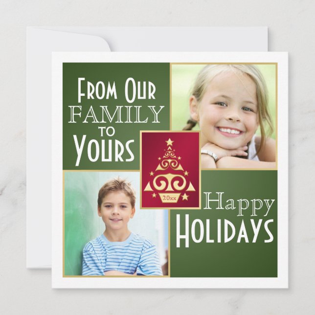 Green, Red, Gold Christmas Tree Christmas Card (Front)