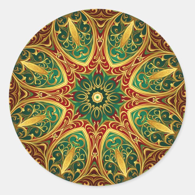 Green Red Gold Decorative Christmas Holiday Classic Round Sticker (Front)