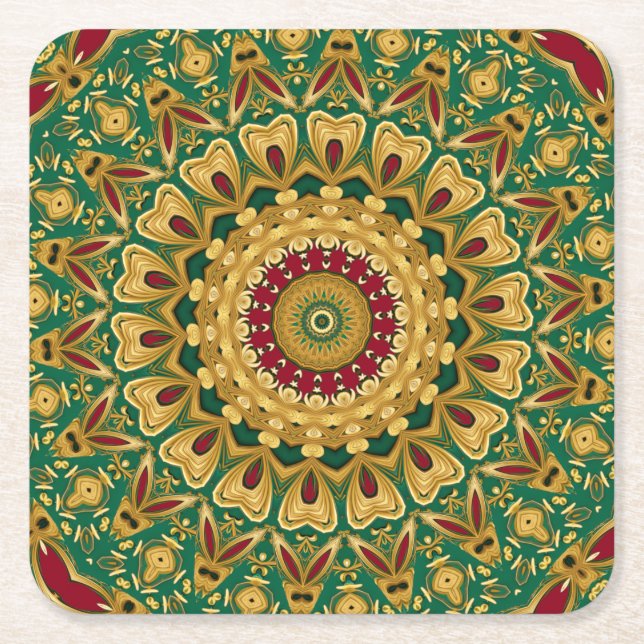 Green Red Gold Decorative Holiday Paper Coaster (Front)