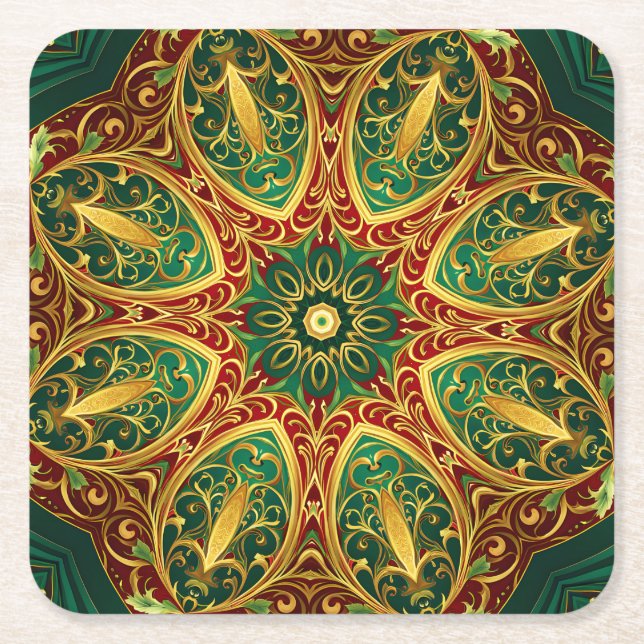 Green Red Gold Decorative Holiday Paper Coaster (Front)