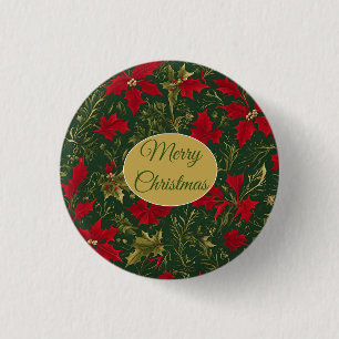 Green Red Gold, Holly and Amaryllis Christmas 3 Cm Round Badge