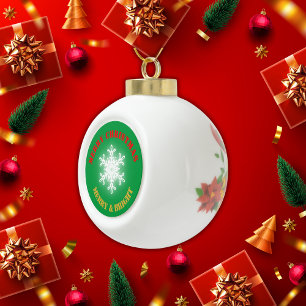Green, Red & Gold Merry Christmas   Ceramic Ball Christmas Ornament