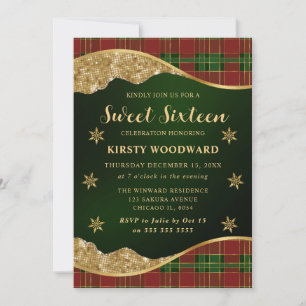 Green Red & Gold Plaid Snowflake Sweet Sixteen Invitation