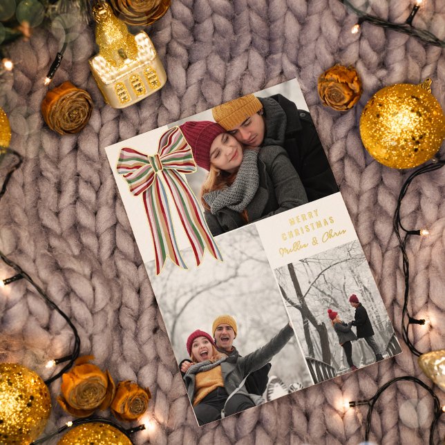 Green Red Gold Striped Bow Merry Christmas Photo (Creator Uploaded)