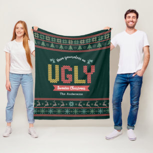 Green Red Gold Ugly Christmas Sweater Nordic Knit  Fleece Blanket